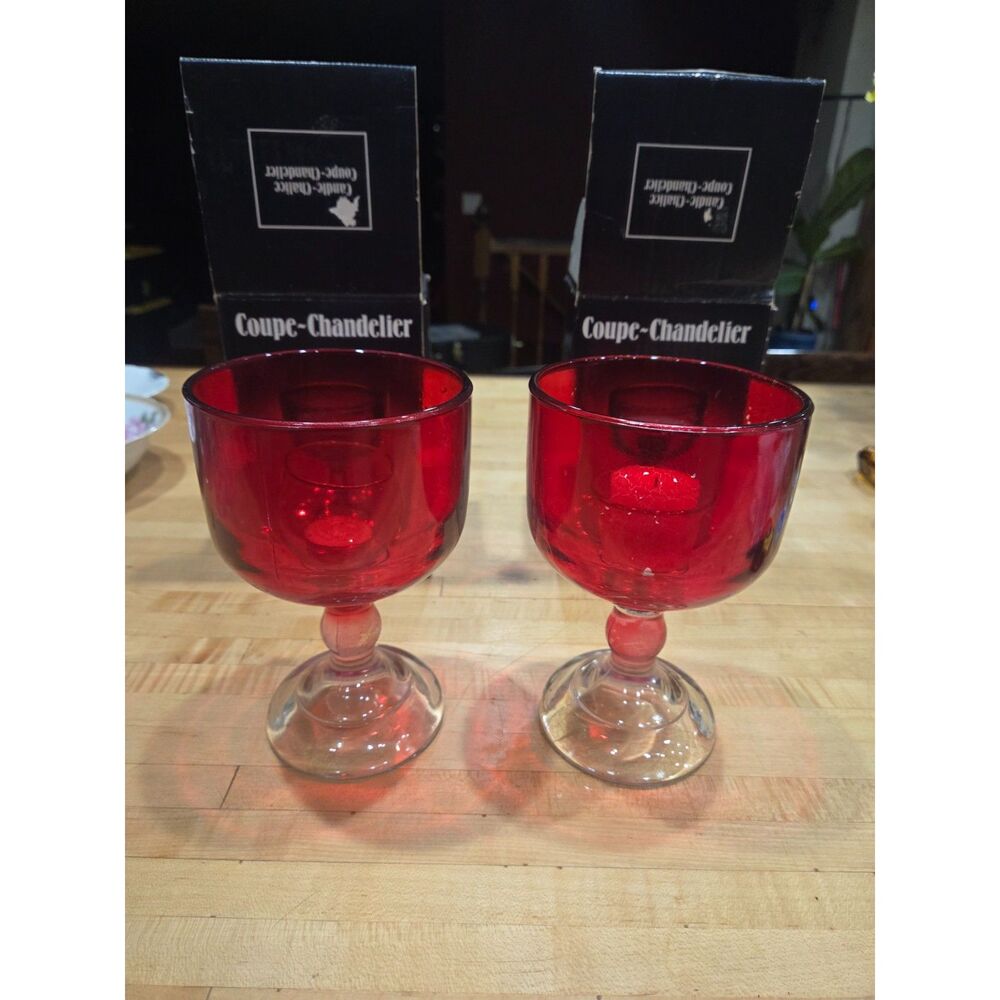 Vintage Indiana Glass Coupe Chandelier Ruby Red Candle Chalice Set of 2 Boxed